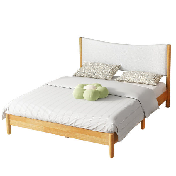 English Elm Queen Solid Rubber Wood Bed with Teddy Velvet Upholstered Headboard, Beech White Finish, Space-Saving Design W504P368764