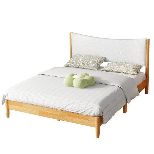 English Elm Queen Size Solid Rubberwood Bed With Boucle Upholstered Headboard, Sleek Beech White Finish & Support W504P184308-GIGA