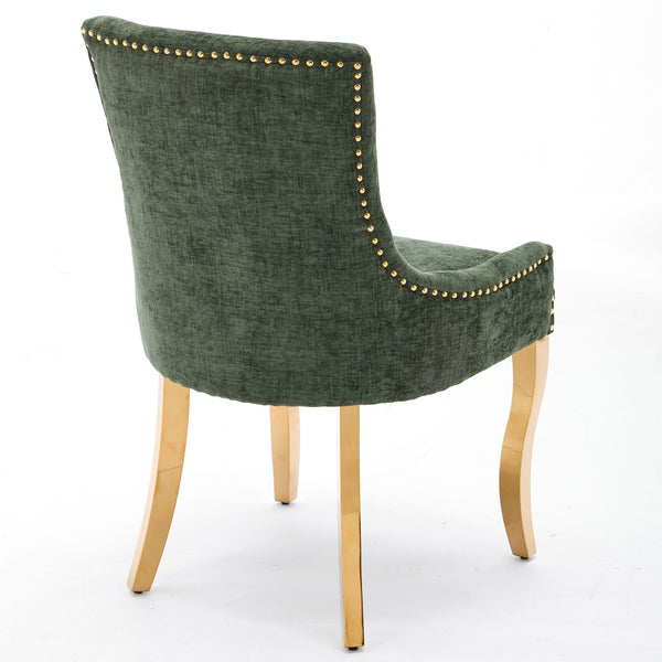English Elm Chenille Plush Dining Chair with Curved Gold-Plated Legs, Rivet Trim, Textured Upholstery Comfort Olive Green W1143P332688