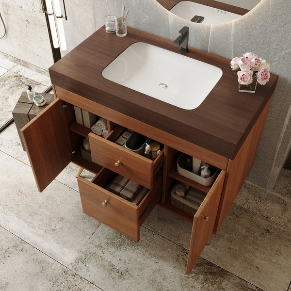 English Elm 36" Freestanding Bathroom Vanity Sintered Stone Top Ceramic Sink Stainless Steel Legs Brown,Gold,Walnut,White W3136S00075