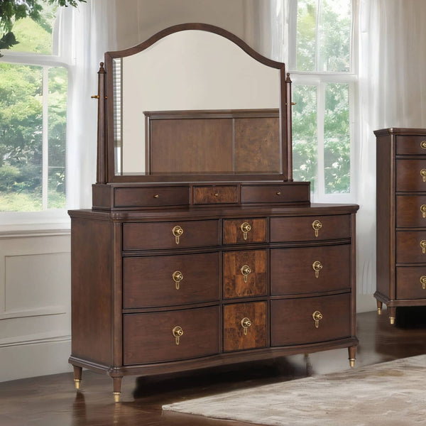 English Elm 1pc Transitional Wide Dresser Rubberwood Dark Cherry Finish Gold Legs Bedroom Storage B2741P446687