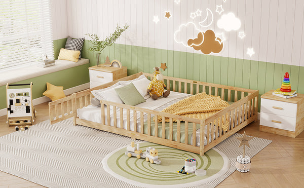 English Elm Queen Rubberwood Floor Bed with Perimeter Fence and Latch Door for Toddler Safety W504P370525