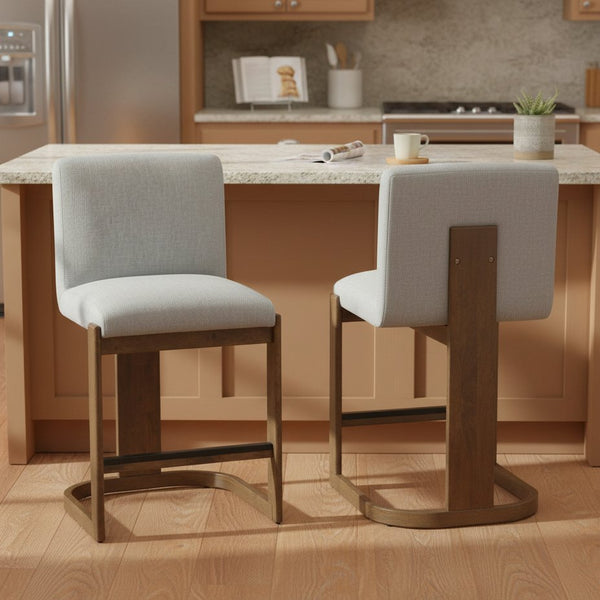 English Elm Modern Linen Upholstered Counter Stools Set of 2 with Rubberwood Legs for Kitchen Island Light Grey,Walnut N762P395711G