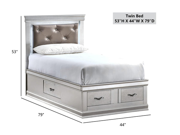 English Elm Lorana Glam Twin Storage Bed with Led Lighting and Tufted Faux Leather Headboard Silver B078S00686