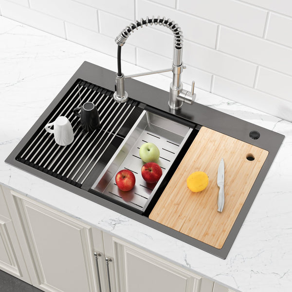 English Elm Stainless Steel Handmade Black Single Bowl Kitchen Sink with Cutting Board and Colander T3177P296187