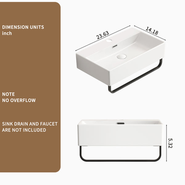 English Elm White Ceramic Wall Mount Bathroom Sink with Integrated Towel Bar for Modern Baths W3402P362446