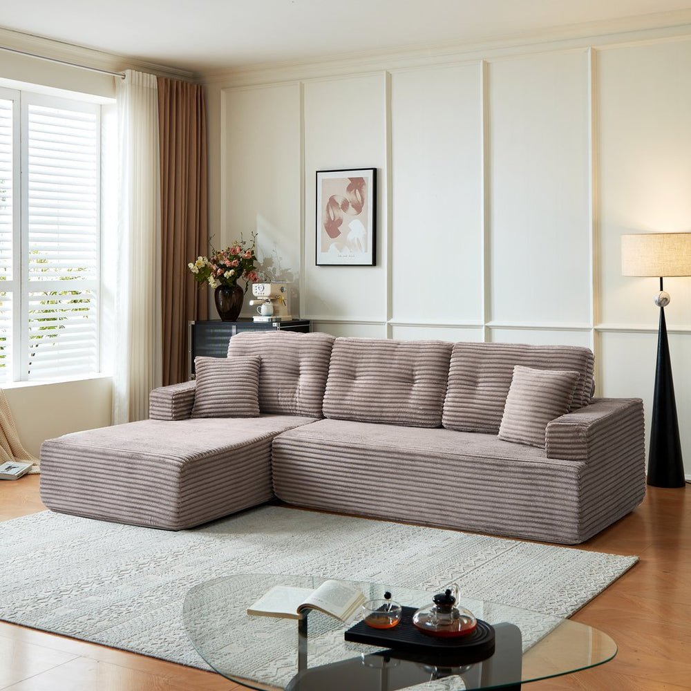 English Elm Right-Facing Chaise modular sectional sofa with plush corduroy, boneless design, converts to bed Brown Gray W3565S00004