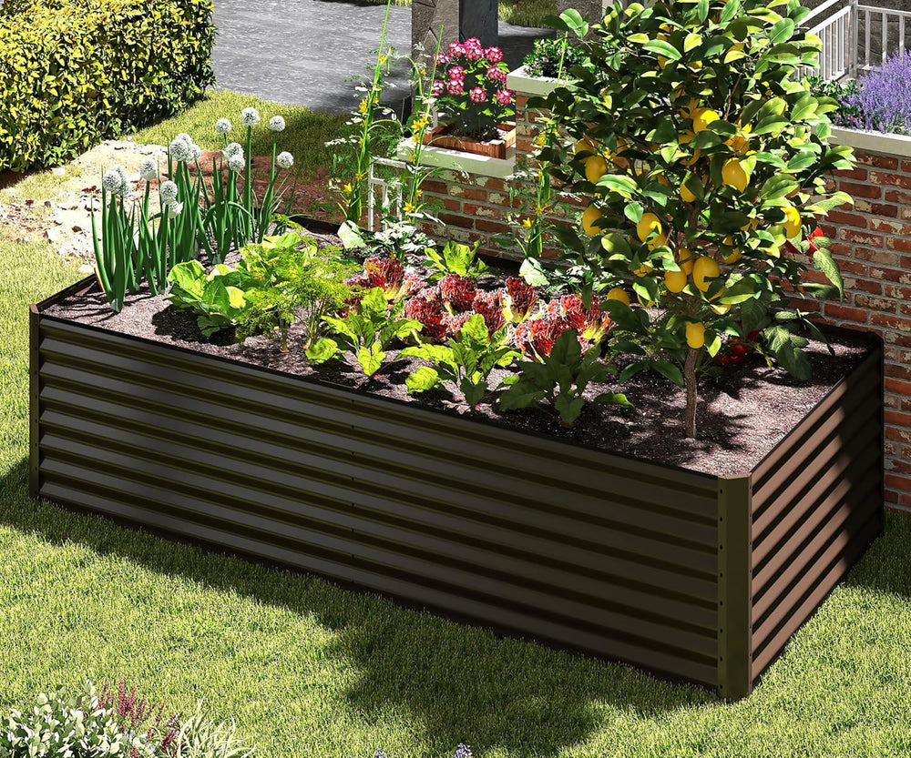 English Elm 6x3x1.5ft Galvanized Steel Raised Garden Bed Deep Root Planter for Yard Vegetables Brown W1859P430203