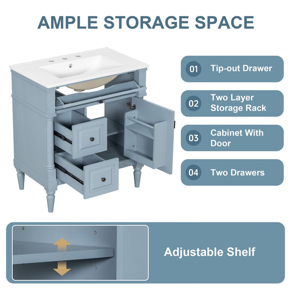 English Elm 30" Freestanding Bathroom Vanity Rubberwood Frame Ceramic Sink Flip Drawer Storage Blue+Grey N725P356062E