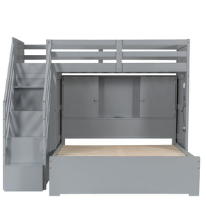 English Elm Twin Over Full Bunk Bed with Wardrobe Storage Stairs Shelves and Usb Charging Gray LT000292AAE