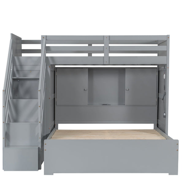 English Elm Twin Over Full Bunk Bed with Wardrobe Storage Stairs Shelves and Usb Charging Gray LT000292AAE