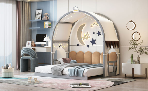 English Elm Twin Pinewood Ground-Level Canopy Bed with Arched Roof and Trundle for Kids—Whimsical, Sturdy Design Gray N820P181648E