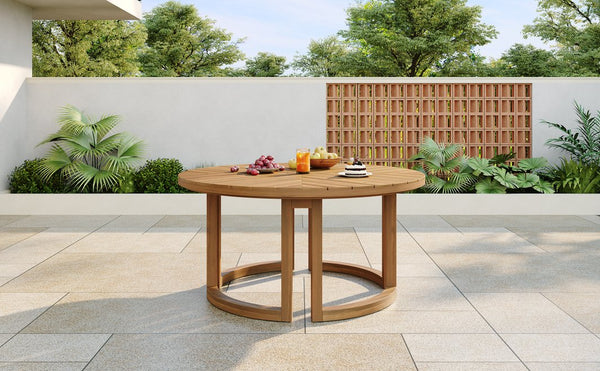 English Elm Trexm Round Acacia Outdoor Dining Table Seats Six with Umbrella Hole Slatted Top Light Teak N715P404283D