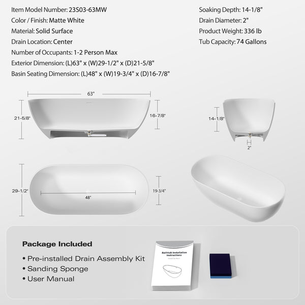 English Elm 63" Oval Freestanding Soaking Tub Solid Surface Resin Spa Bathtub Glossy White W1920P385616