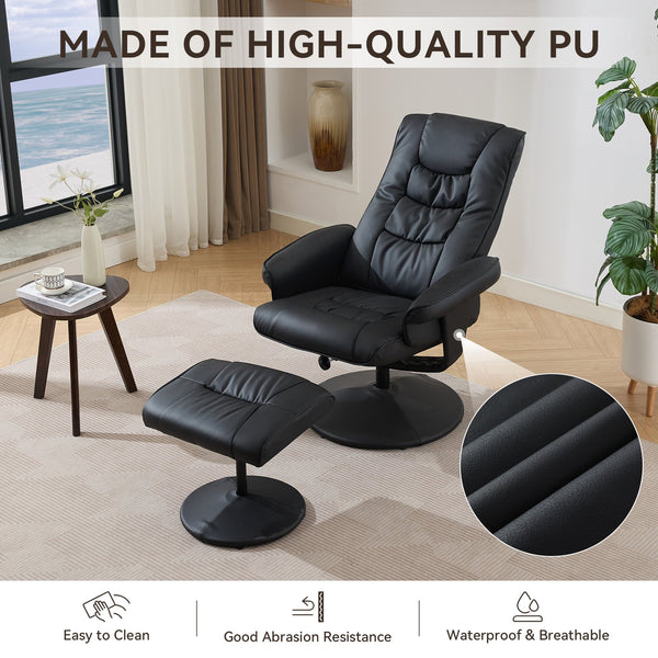 English Elm 015-Recliner Ergonomic Swivel Massage Chair with Ottoman, Heated 5-Point Vibration, 140° PU Recliner Black W2636P262445