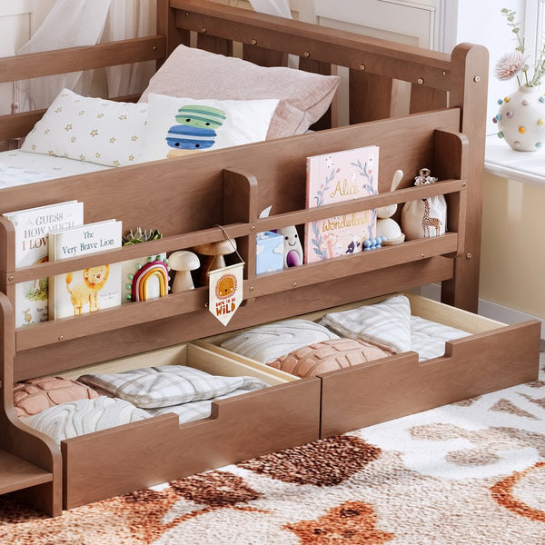 English Elm Twin Pine Floor Bed with Guardrails Built-in Bookcases and Stair Steps for Kids Natural W1580P430200