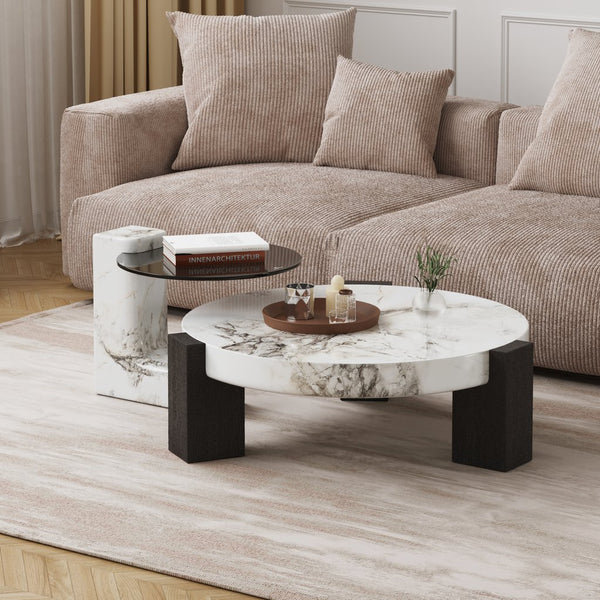 English Elm Bianco Marble-Pattern Coffee Table with Side Table Set — Modern White Top, Black Wood Legs, Durable Elegance B341S00040