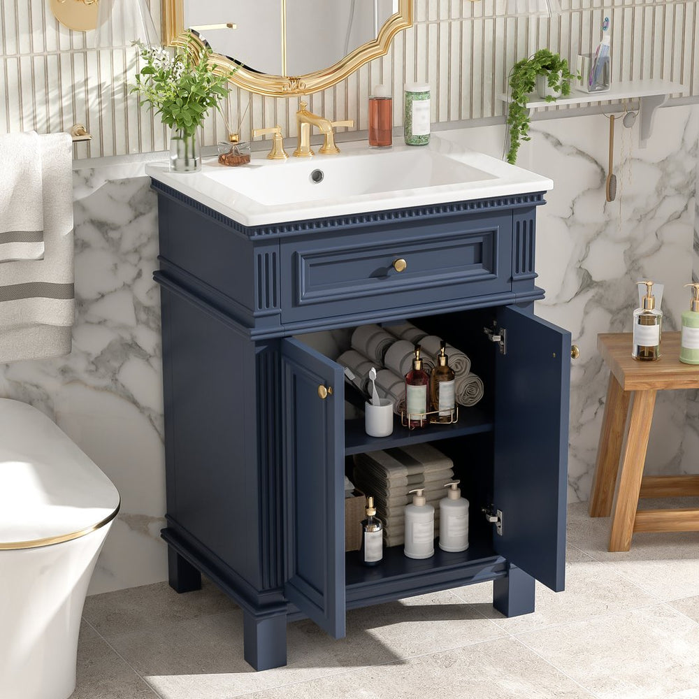 English Elm 24'' Carved Farmhouse Bathroom Vanity with Ceramic Sink Soft Close Storage Cabinet Blue N710P446530C