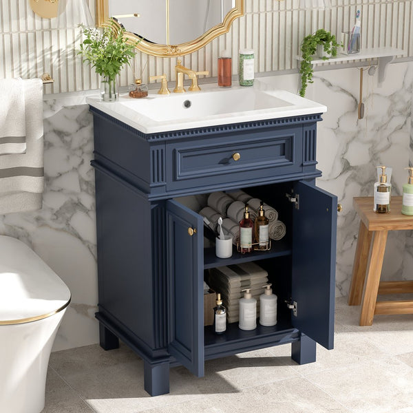 English Elm 24'' Carved Farmhouse Bathroom Vanity with Ceramic Sink Soft Close Storage Cabinet Blue N710P446530C