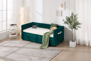 English Elm Twin Velvet Upholstered Daybed with Trundle, V-Pattern Backrest, USB Port, Side Pockets, Sturdy Design Emerald W1361S00043