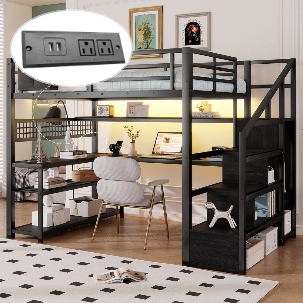 English Elm Full Size Steel Loft Bed with Staircase Storage Wardrobe Desk and Led Lighting Black W2593S00079