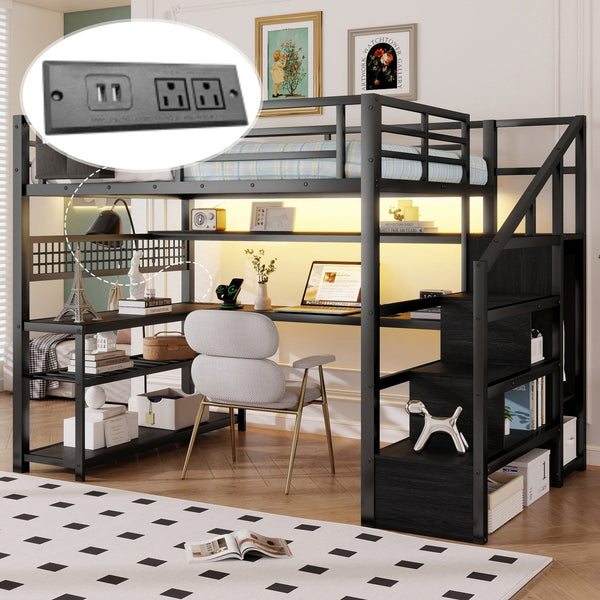 English Elm Full Size Steel Loft Bed with Staircase Storage Wardrobe Desk and Led Lighting Black W2593S00079
