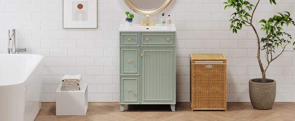 English Elm 24-Inch Bathroom Vanity Cabinet with Ceramic Sink, Space-Saving Storage, Solid Wood Feet, Durable Finish Green WF532034AAF