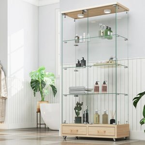 English Elm Modern Glass Display Cabinet With Led Lighting, 2 Drawers & 4 Shelves For Stylish Storage Solutions W241S00060