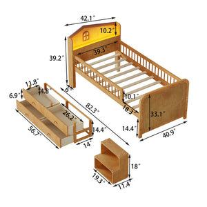 English Elm Low Twin Loft Bed with House-Style Headboard and Built-In LED Lights for Modern Kids' Rooms Natural 42.91 L x 28.35 W x 6.69 H W2593S00007