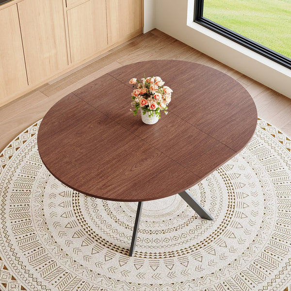 English Elm Extendable Round Dining Table Walnut Grain Top Matte Black Base Seats 4 to 6 W3875S00001