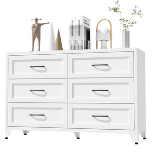 English Elm 6 Drawer White Steel Dresser Low Profile Powder Coated Frame for Bedroom or Hallway T2398P465981