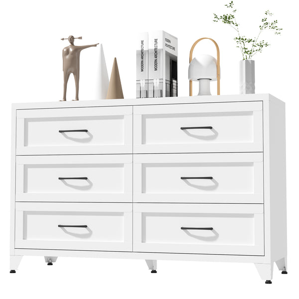 English Elm 6 Drawer White Steel Dresser Low Profile Powder Coated Frame for Bedroom or Hallway T2398P465981