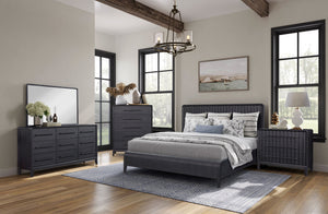 English Elm Queen Waterfall Panel Bed with Channel Headboard, Elm Veneer Peppercorn Finish, Solid Wood Craftsmanship B2699S00046