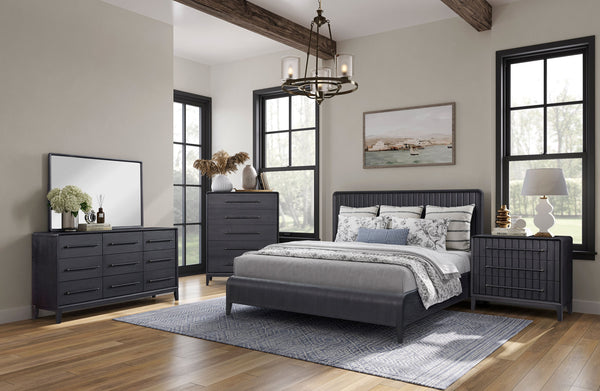 English Elm Queen Waterfall Panel Bed with Channel Headboard, Elm Veneer Peppercorn Finish, Solid Wood Craftsmanship B2699S00046
