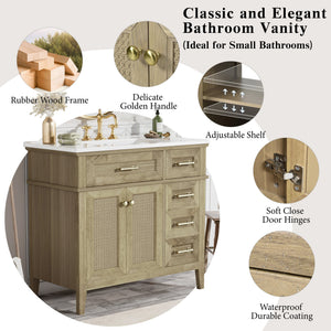 English Elm 36" Light Oak Bathroom Vanity with Ceramic Sink, Rattan Accents, Soft-Close Doors & Spacious Drawers N729P208125O