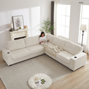 English Elm 110-Inch Oversized Corduroy Corner Sofa with Storage, USB & Cup Holders, Deep Plush Seating Comfort Beige W834S00284
