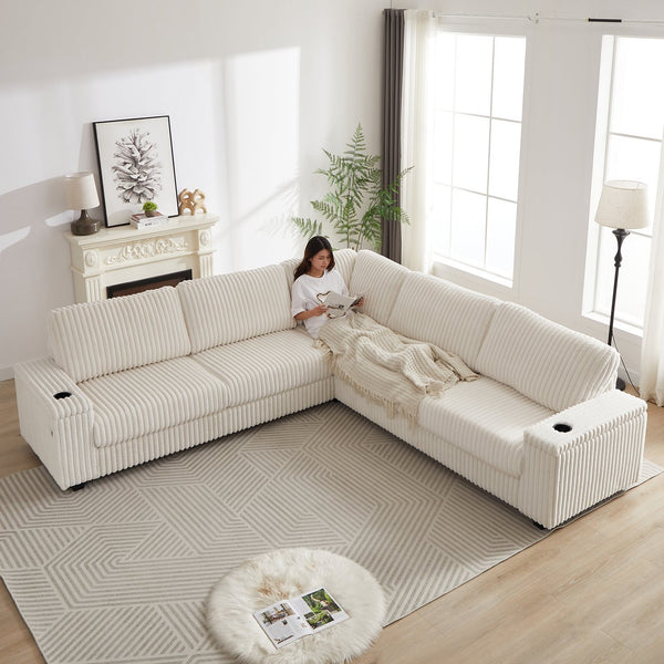 English Elm 110-Inch Oversized Corduroy Corner Sofa with Storage, USB & Cup Holders, Deep Plush Seating Comfort Beige W834S00284