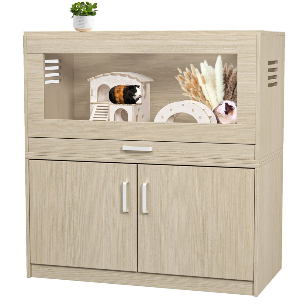 English Elm Guinea Pig Solid Wood Habitat with Acrylic View Panel and Built in Storage Cabinet W1850P168639