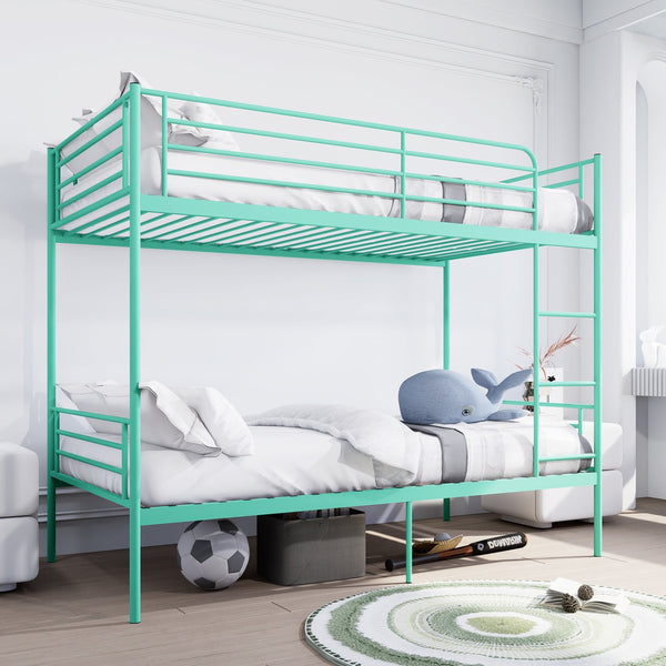 English Elm Bunk Bed Twin Over Iron Frame with Full Guardrail Ladder and Under Storage Green W3752P412410