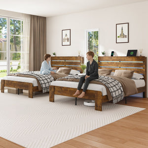English Elm King Platform Bed with Led Headboard Charging Station and Under Storage Rustic Brown W1550P366934