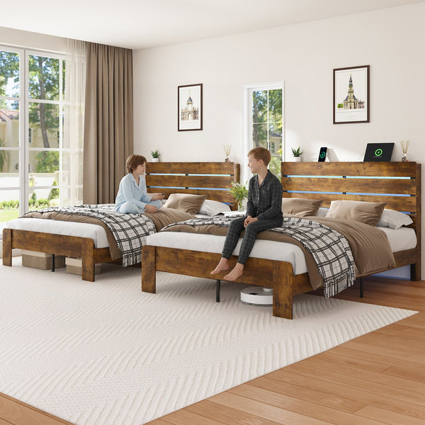 English Elm King Platform Bed with Led Headboard Charging Station and Under Storage Rustic Brown W1550P366934