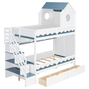 English Elm Twin Over Kids Bunk Bed with Castle Roofline Led Lights and Staircase Storage White N820S00068K