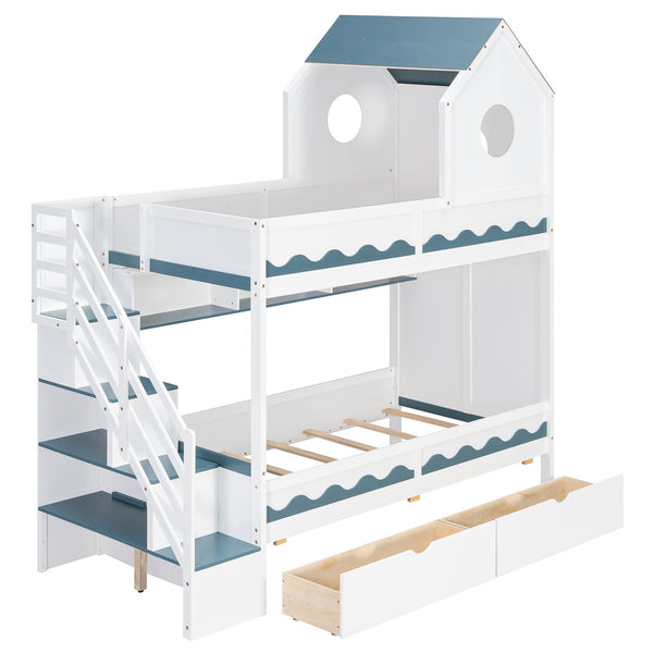 English Elm Twin Over Kids Bunk Bed with Castle Roofline Led Lights and Staircase Storage White N820S00068K