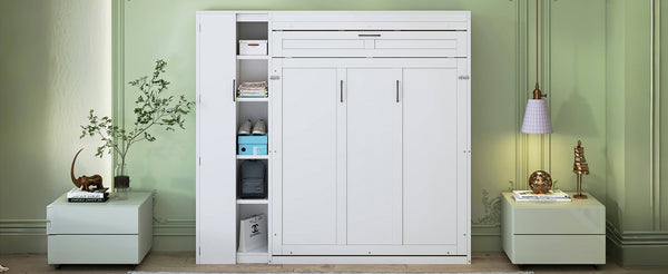 English Elm Queen Murphy Wall Bed with Led Lighting Open Shelves and Wardrobe Cabinet Storage White LP000899AAK-1