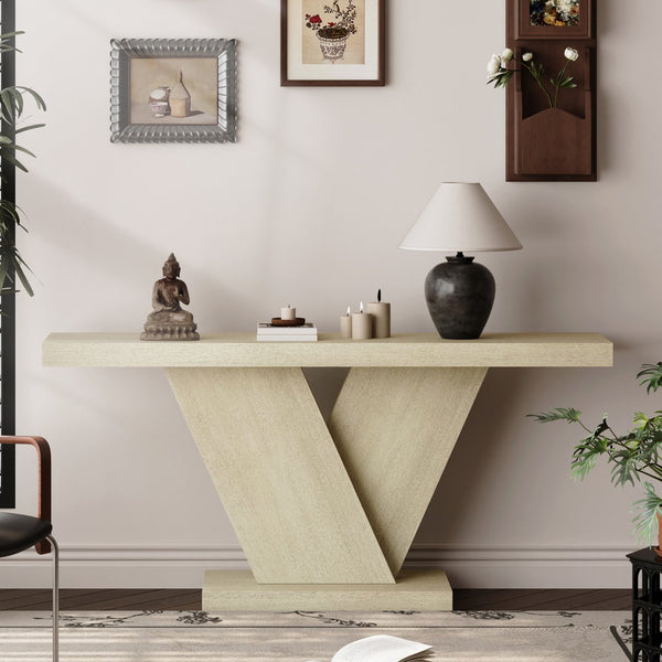 English Elm 66" Mid-century X-leg Console Oak Wash Veneer Entryway Sofa Table Geometric Base Imitative Oak W1435P337636