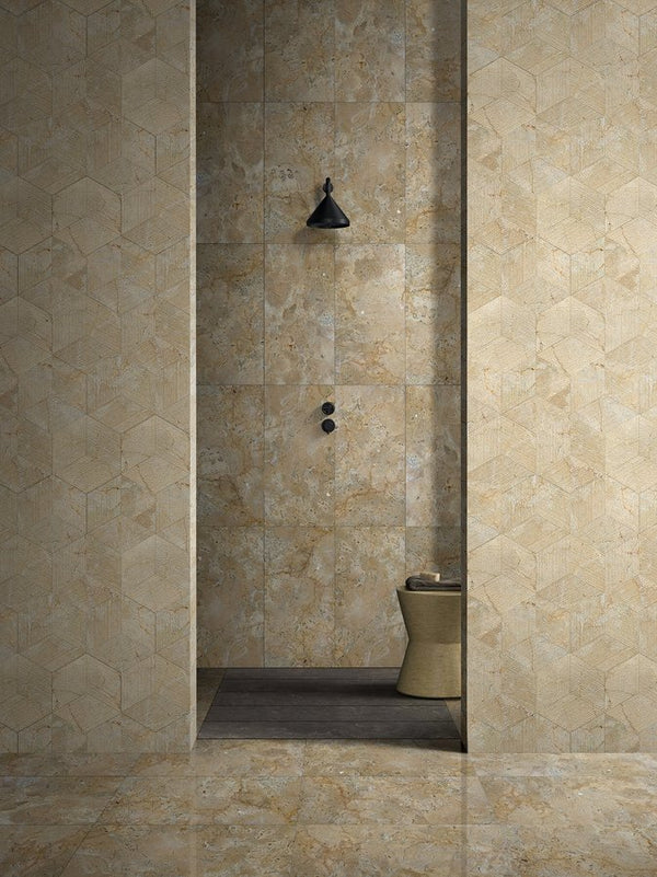 English Elm Hexagon Gold Beige Yellow Marble Tiles - Textured Fluted Finish For Stunning Bathroom Walls & Accents W1696P262336