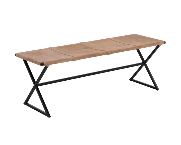 Sunpan Elon Bench - Minimalist Leather Design with Matte Black Base, Handcrafted Elegance for Any Space Suede Light Tan Leather