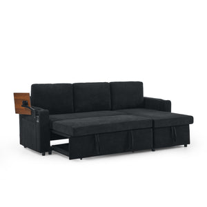 English Elm Modern Chenille Pull-Out Bed Sofa With Led Lights, Usb Ports, Cup Holders & Retractable Table, Black W1413S00098