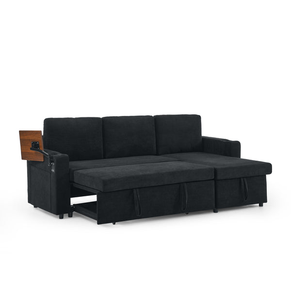 English Elm Modern Chenille Pull-Out Bed Sofa With Led Lights, Usb Ports, Cup Holders & Retractable Table, Black W1413S00098
