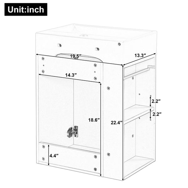 English Elm 20 Modern Wall-Mounted Bathroom Vanity with Ceramic Sink, Diamond Door, Gold Handles & Shelves — Compact White N725P314033K